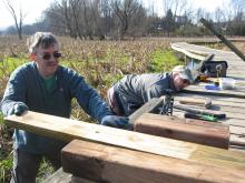 West Jersey Trail Crew Leader David Day and Pete working on the Appalachian Trail Pochuck Boardwalk.